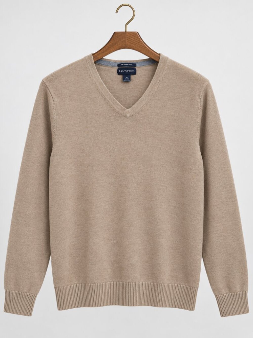 Supima Cotton V-Neck Men`s M Sweater Beige Lands’ End Business Casual